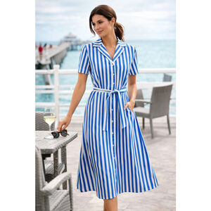 J Peterman Size 6 Blue White Striped Belted Shirt Dress Midi Pockets Classic
